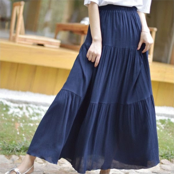 Buddhatrends Navy / M Flowy High Waist Cotton Linen Skirt