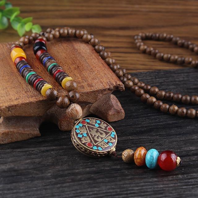 Buddhatrends Nepalese Mantra Wooden Mala Bead Necklace
