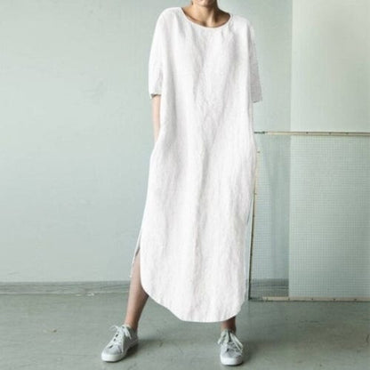 Buddhatrends Off White / S Cotton Linen Split Long Dress