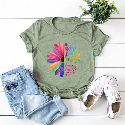 Buddhatrends Olive Green / S Daisies O Neck Short Sleeve Tees