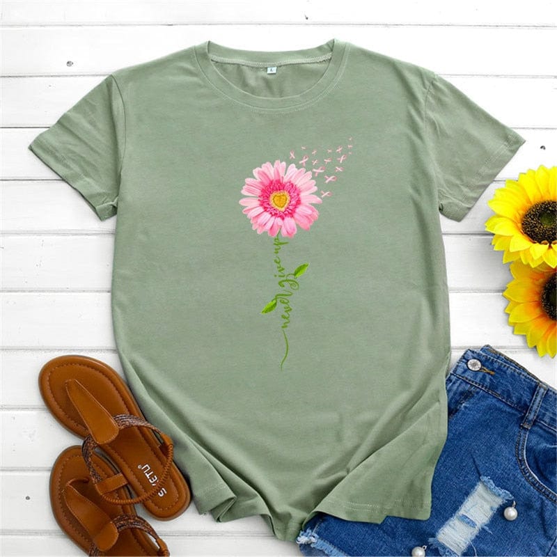 Buddhatrends Olive Green / S Graphic Flower Top O Neck Tee