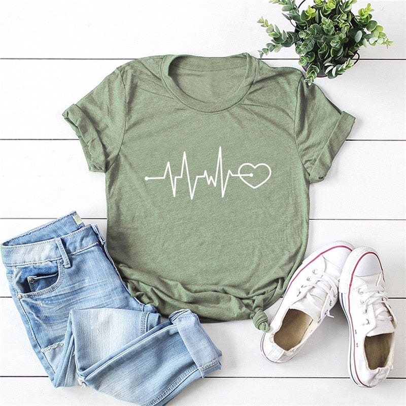 Buddhatrends Olive Green / S Heart Puls Short Sleeve Tees