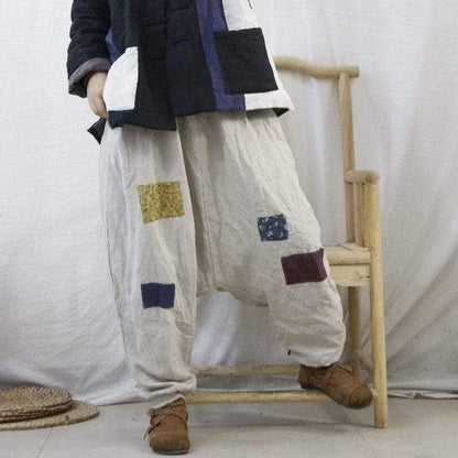 Buddhatrends Pants Beige / One Size Oversized Patchwork Linen Pants | Zen