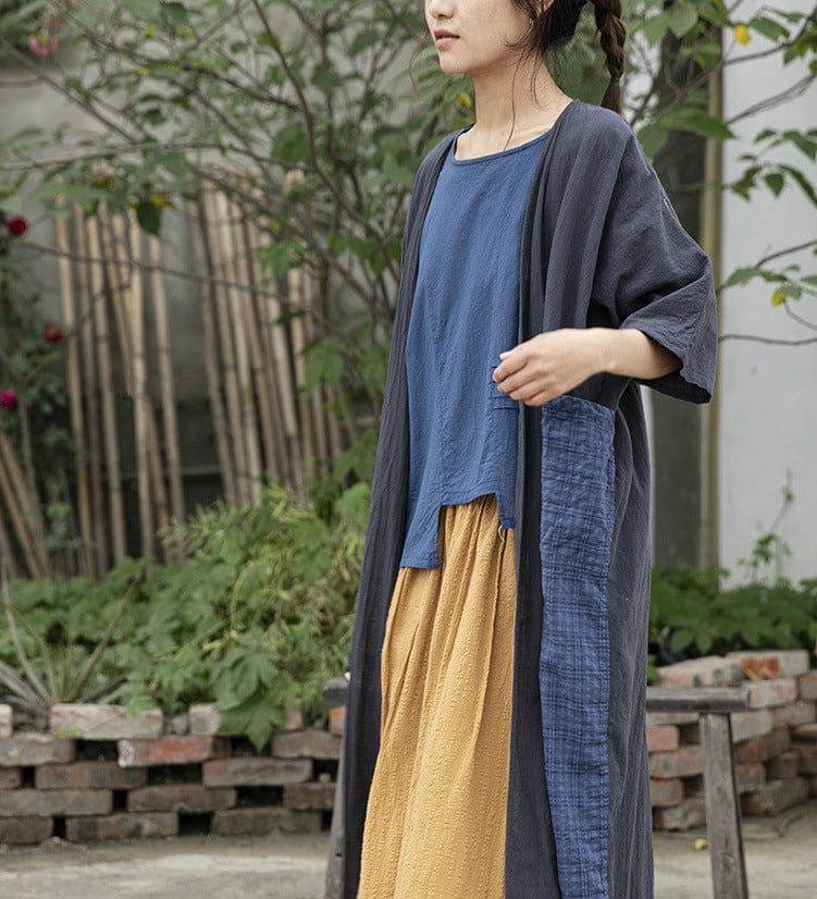 Buddhatrends Patchwork Long Cotton Linen Cardigan