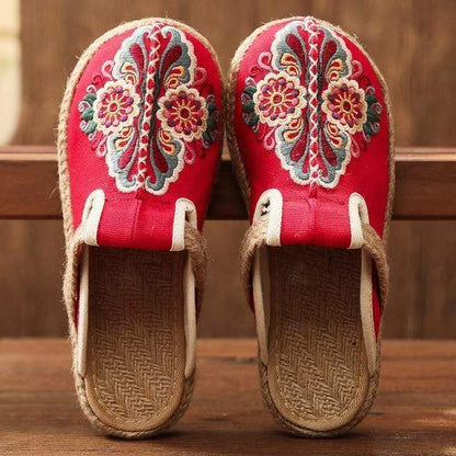Buddhatrends Red / 11 Asian Embroidery Hemp &amp; Cotton Loafers