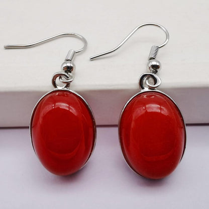 Buddhatrends Red  Jade Natural Stone Oval Earrings