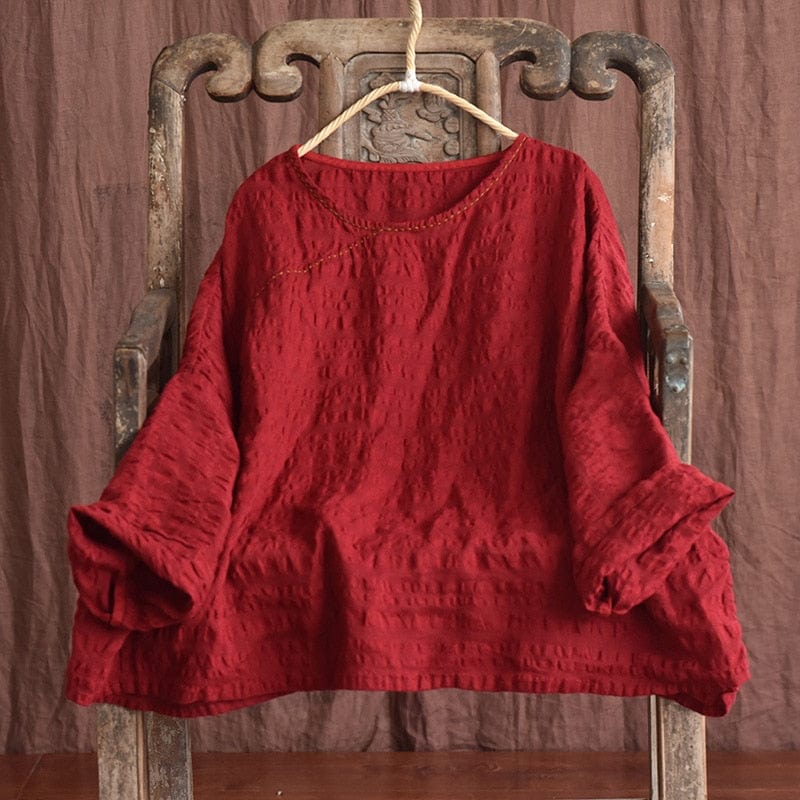 Buddhatrends Red / One Size Embroidered Loose Linen Blouse