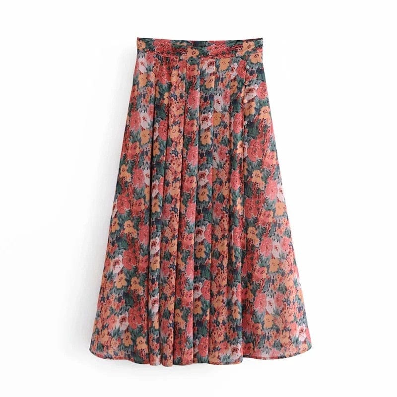 Buddhatrends Red / S Vintage Lake Green Printed Skirt