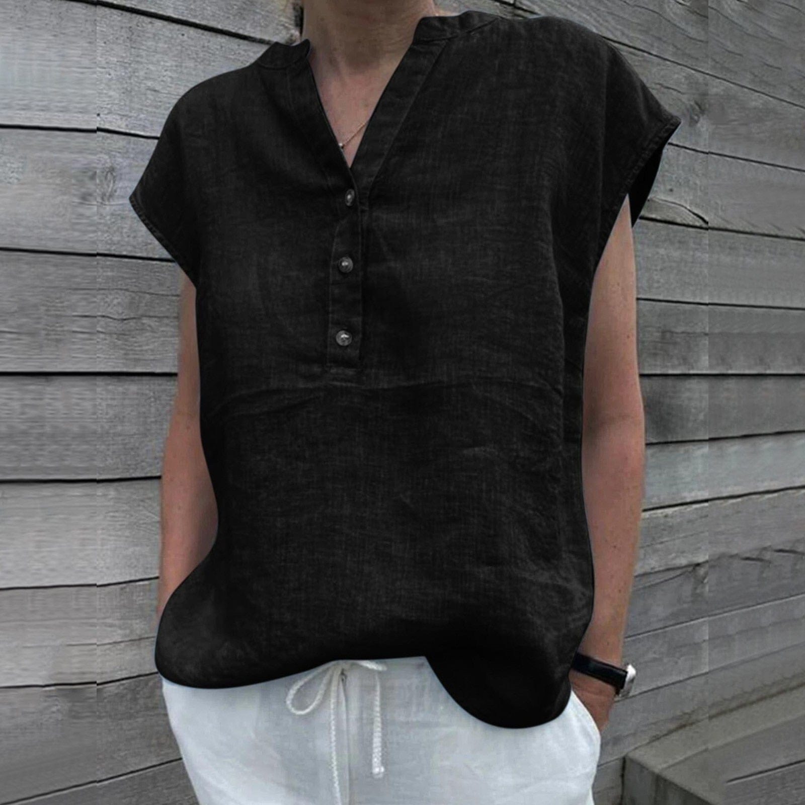 Buddhatrends Shirt Black / S / China Short-Sleeve Linen V Neck Oversized Blouse