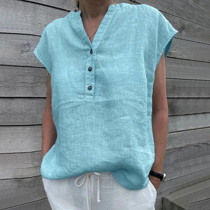 Buddhatrends Shirt Blue / S / China Short-Sleeve Linen V Neck Oversized Blouse