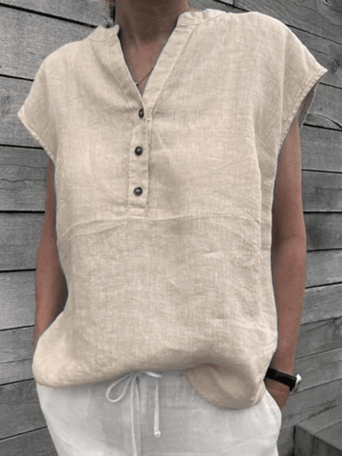 Buddhatrends Shirt Short-Sleeve Linen V Neck Oversized Blouse