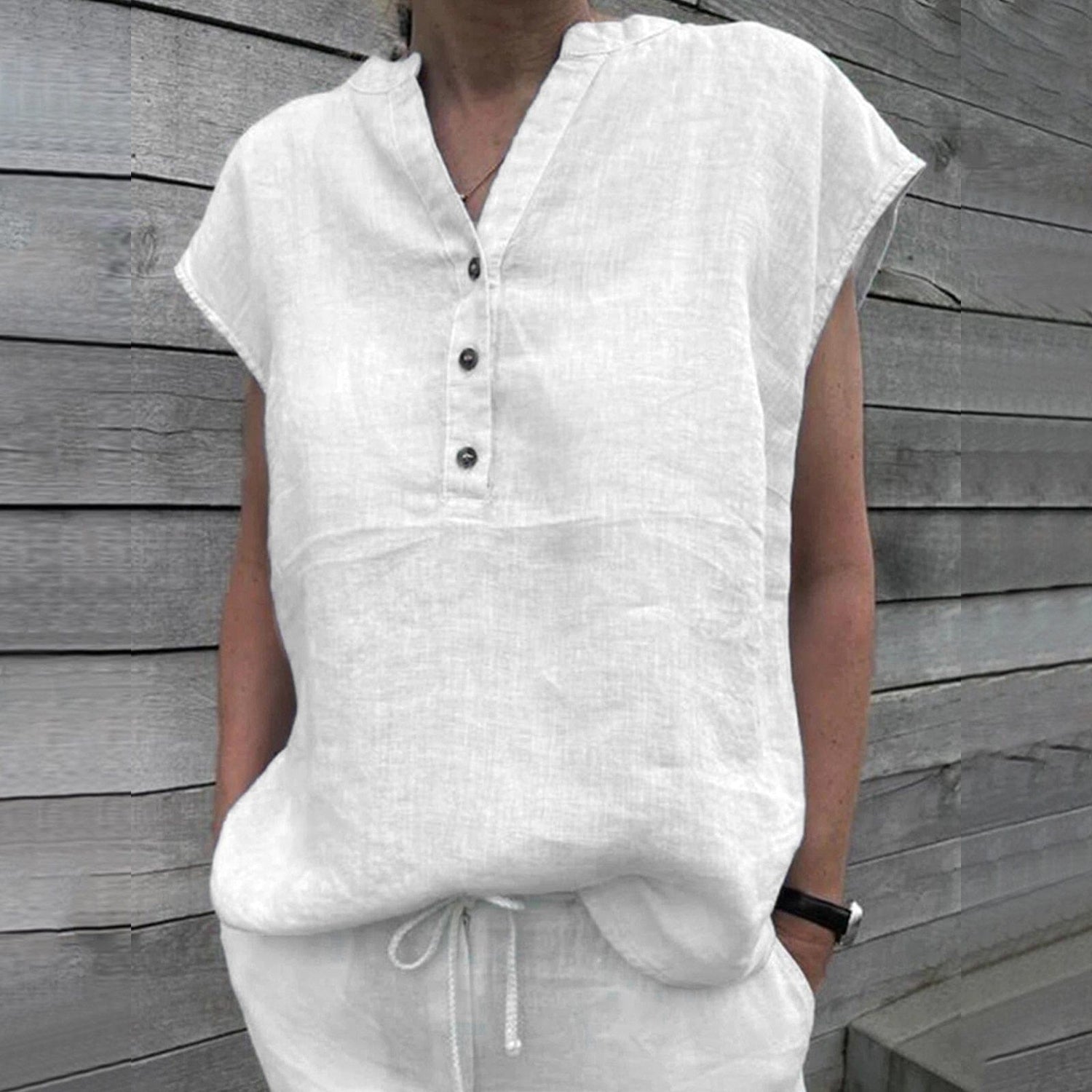 Buddhatrends Shirt White / S / China Short-Sleeve Linen V Neck Oversized Blouse