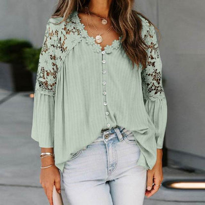 Buddhatrends shirts S / Green Boho Chic V Neck Floral Lace Blouse