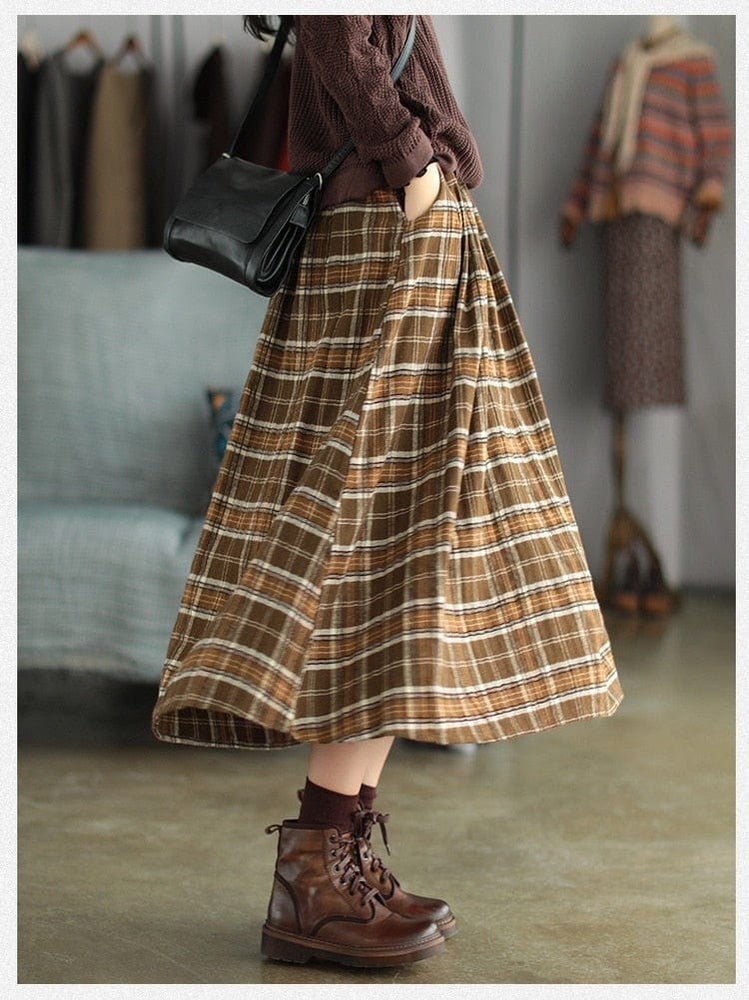 Brown plaid midi outlet skirt