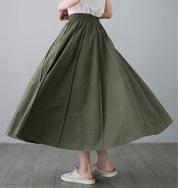 Buddhatrends Skirts High Waist Cotton Linen Pleated Skirt