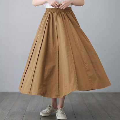 Buddhatrends Skirts khaki / L High Waist Cotton Linen Pleated Skirt