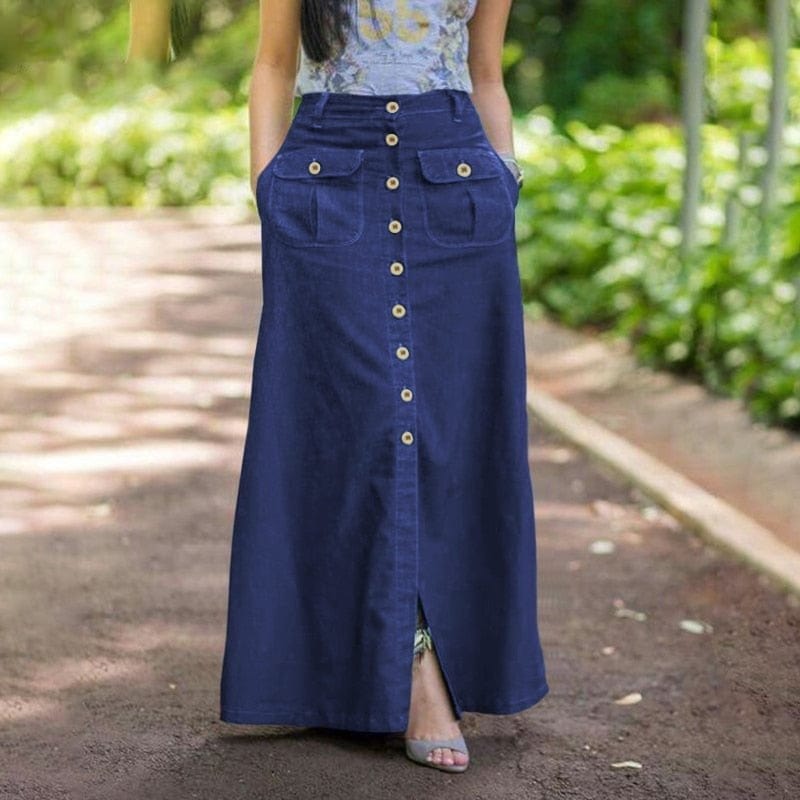 Denim maxi skirt button front hotsell