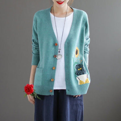 Buddhatrends Sweaters Green / One Size Cartoon Button up Cardigan