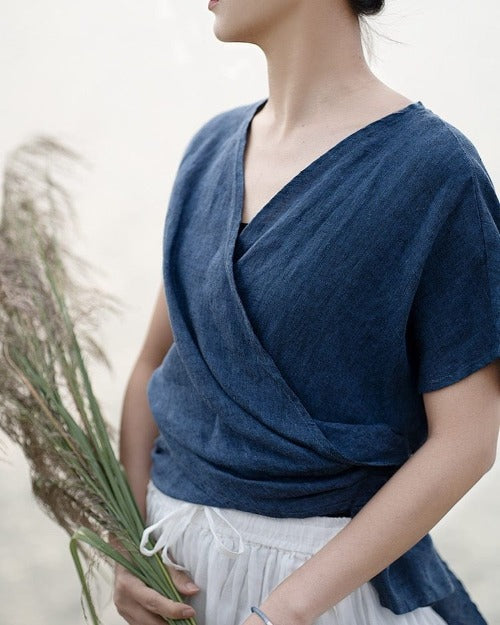 Buddhatrends T-Shirt Wrap Linen Blue  V-neck T-Shirt