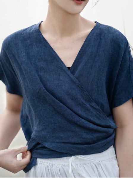 Buddhatrends T-Shirt Wrap Linen Blue  V-neck T-Shirt