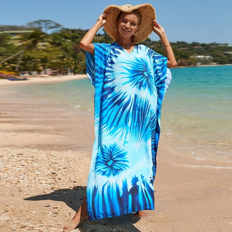 Buddhatrends Tie Dye Rayon Kaftan For Women Long Tunic Vacation Beach Dress Cover Up Plus Size Full Length Robe Vneck Scrollwork Print Caftan