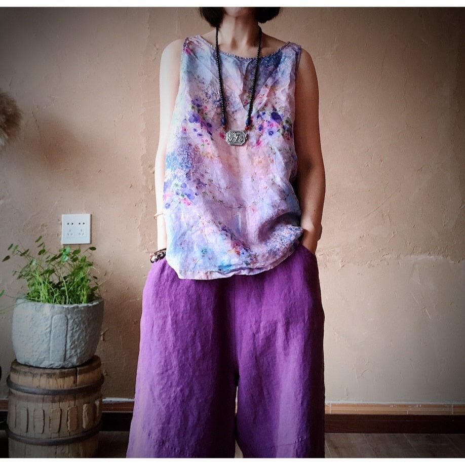 Buddhatrends Tops Pastel Floral Linen Tank Top