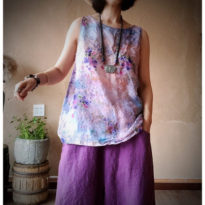 Buddhatrends Tops Pastel Floral Linen Tank Top