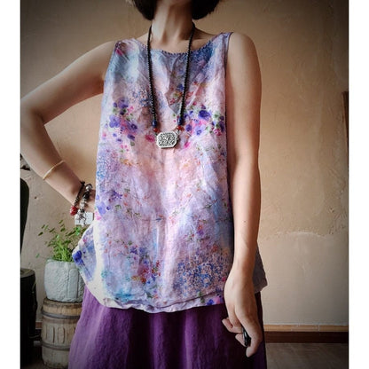 Buddhatrends Tops Pastel Floral Linen Tank Top