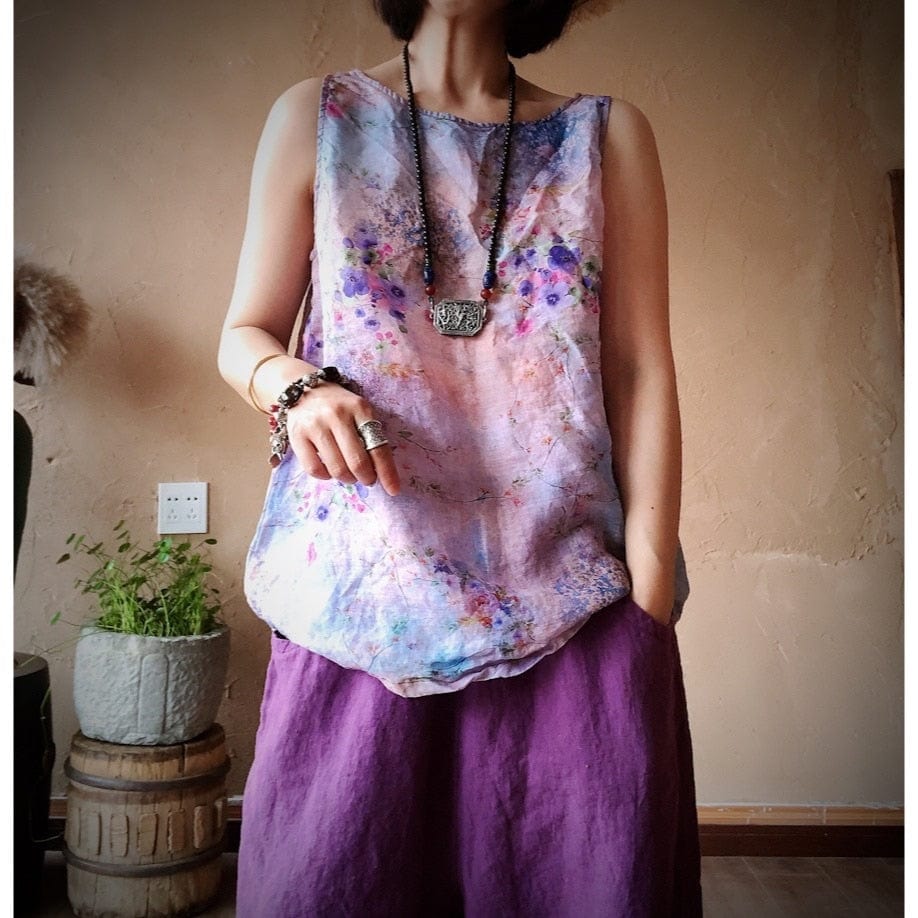 Buddhatrends Tops Pastel Floral Linen Tank Top