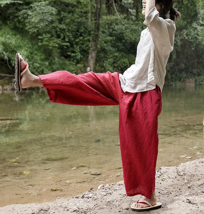 Buddhatrends Vibrant Red Cotton Linen Palazzo Pants