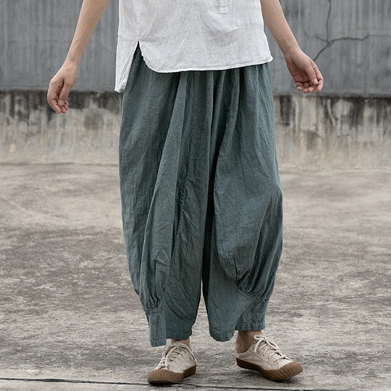 Buddhatrends Vintage Blue Oversized Cotton Linen Aladin Pants | Lotus