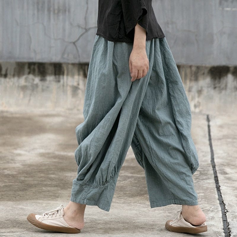 Buddhatrends Vintage Blue Oversized Cotton Linen Aladin Pants | Lotus