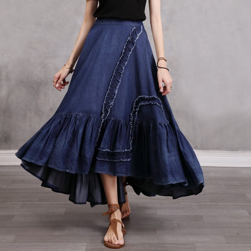 Buddhatrends Vintage Denim Irregular Elastic Waist Skirt