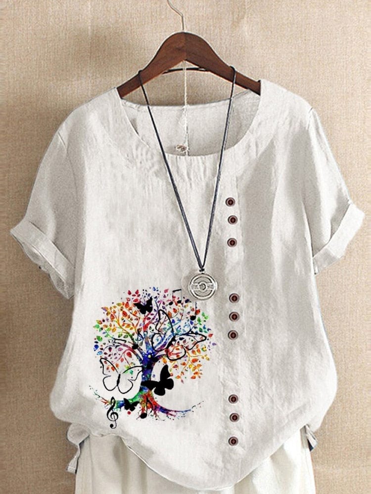 Buddhatrends white / S Jania Tree Printed O-Neck Blouse