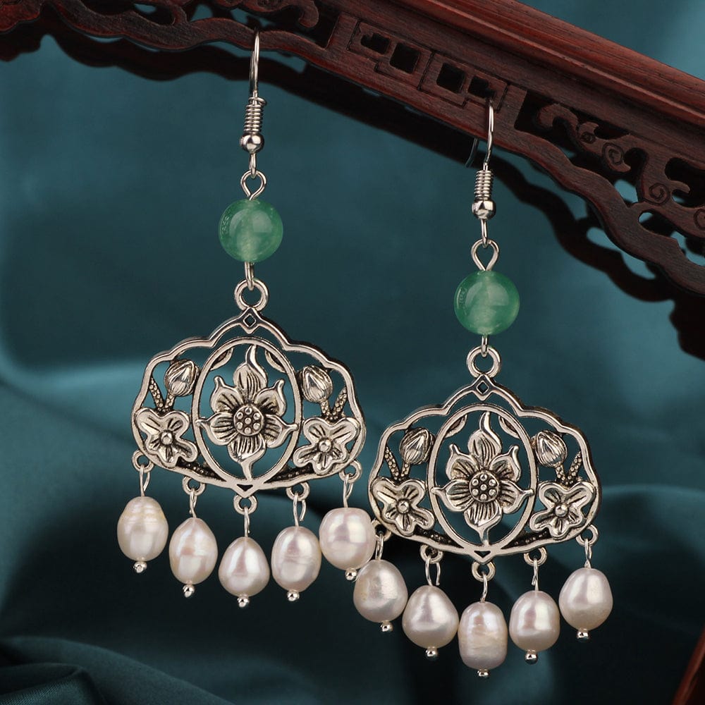 Buddhatrends With Green Stone Vintage Lotus Handmade Earrings