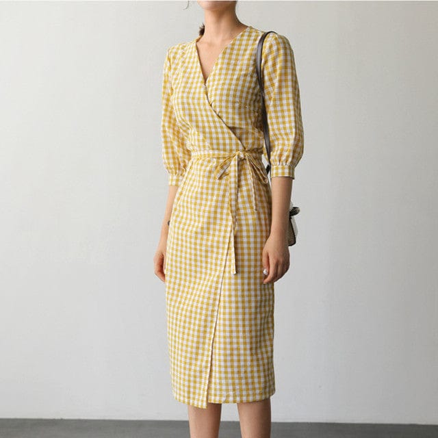 Buddhatrends yellow / S Julie Cotton Linen Plaid Dress